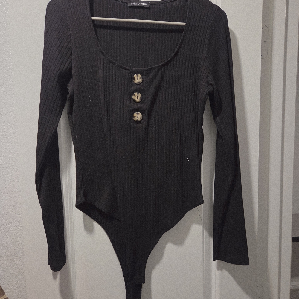 Fashion Nova Black Ribbed Bodysuit with Button Details